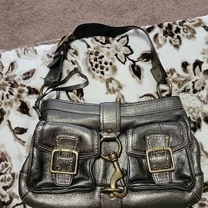Pewter Coach Leather Buckle Satchel